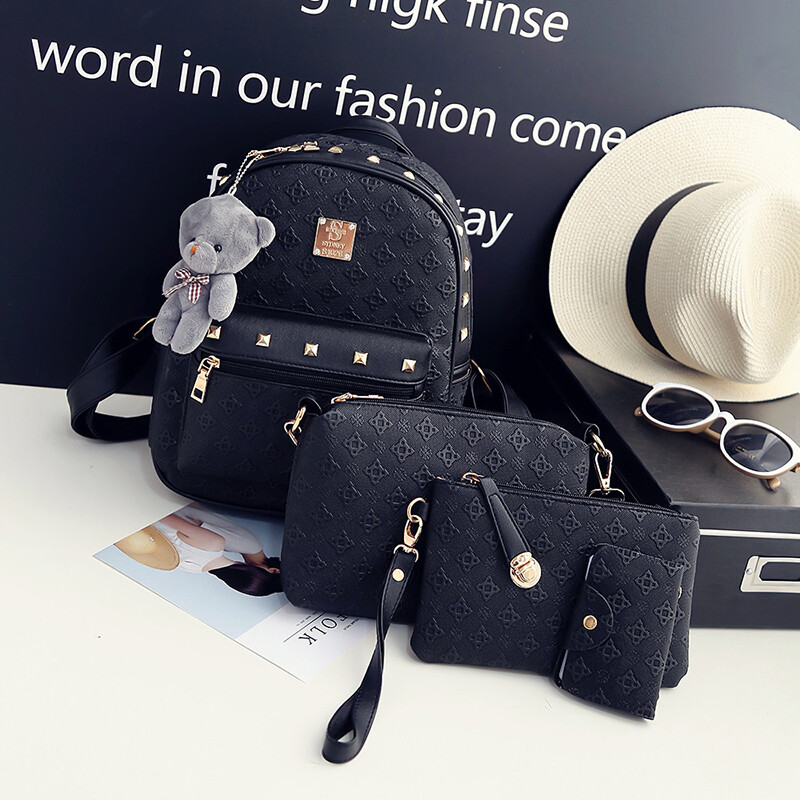 騰彩2016秋季新款四件套雙肩包女韓版pu壓花鉚釘背包學院風書包旅行包E1 白色